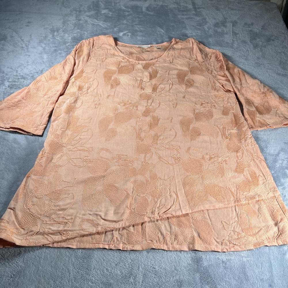 Soft Surroundings Women's Peach Embroidered Cecile Top‎ 3/4 Sleeve Textured XL